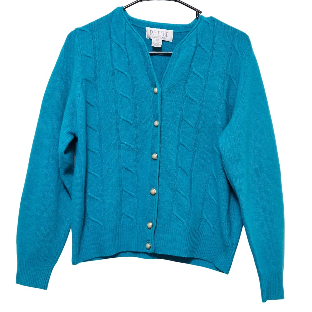 Vintage 90s Petite Sophisticate Angora Lambswool Teal Cable Knit Cardigan M Cozy
